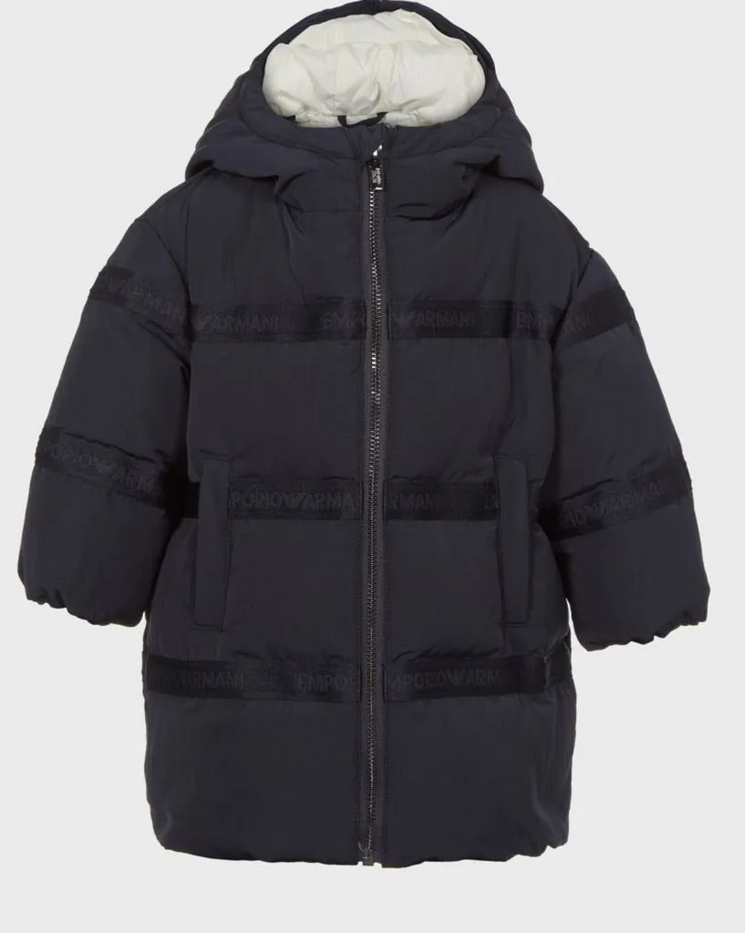 Armani Junior Hooded Down Jacket for Baby Boy with Logo Bands