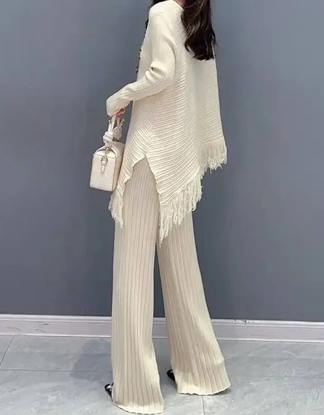 Asymmetric Fringe Top and Pants Knit Set