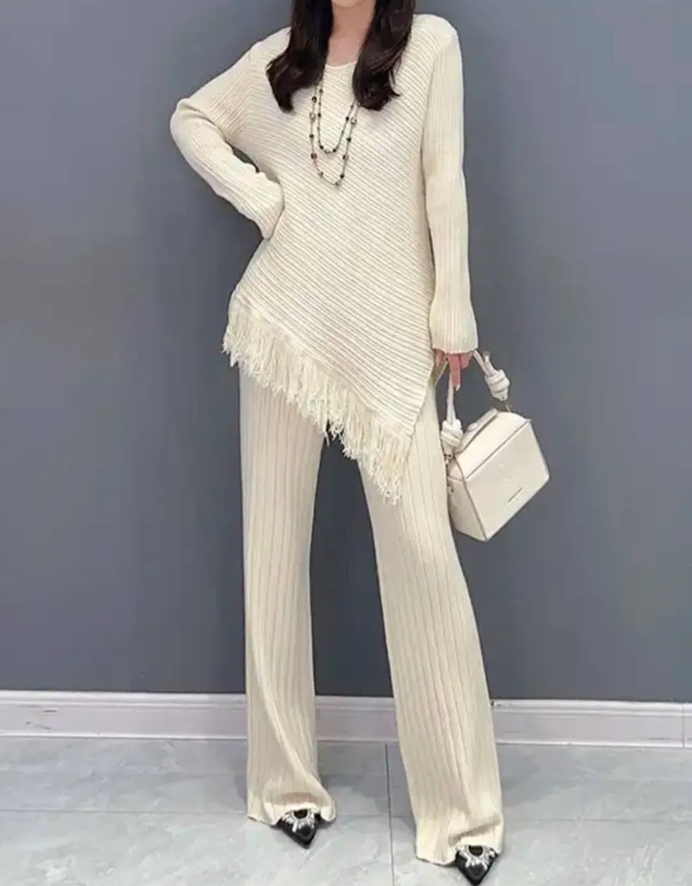 Asymmetric Fringe Top and Pants Knit Set