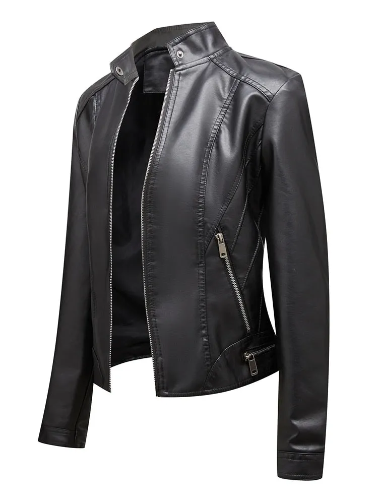 Autumn Women's Collar Jacket Synthetic Leather Motorcycle Zipper - One Result.