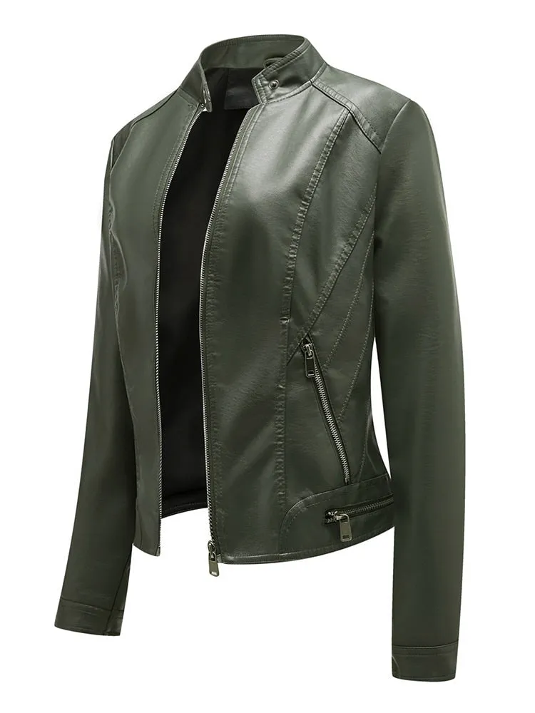 Autumn Women's Collar Jacket Synthetic Leather Motorcycle Zipper - One Result.