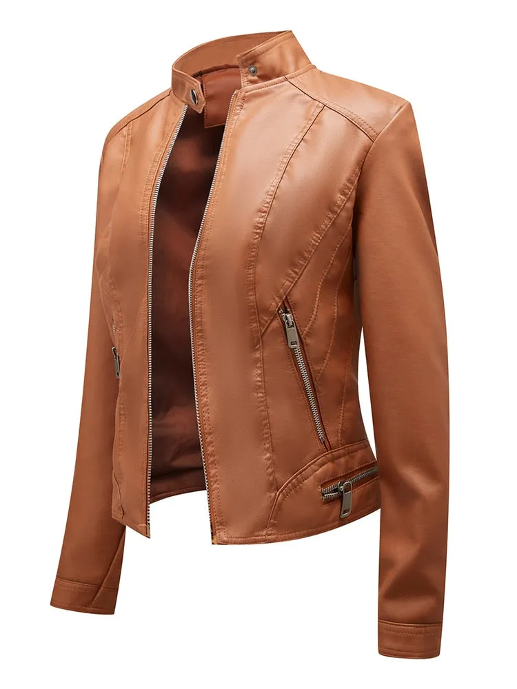 Autumn Women's Collar Jacket Synthetic Leather Motorcycle Zipper - One Result.