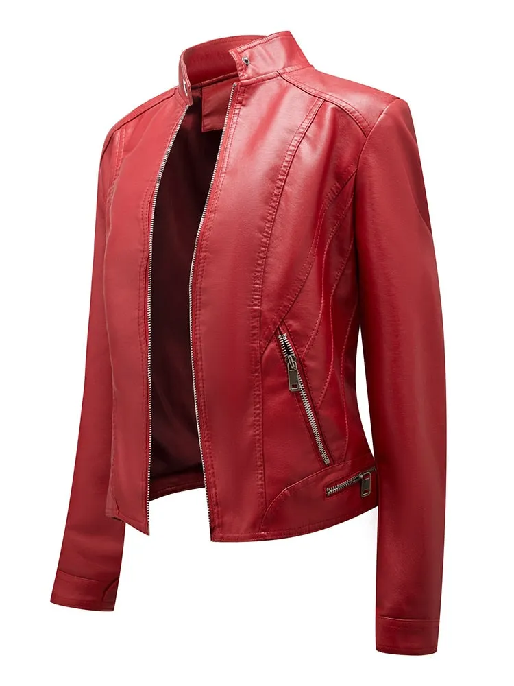 Autumn Women's Collar Jacket Synthetic Leather Motorcycle Zipper - One Result.