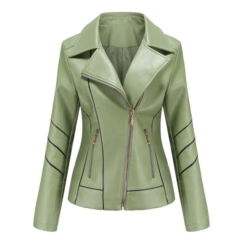 Autumn Women's Full Sleeve Faux Leather Moto Biker Zipper Jacket