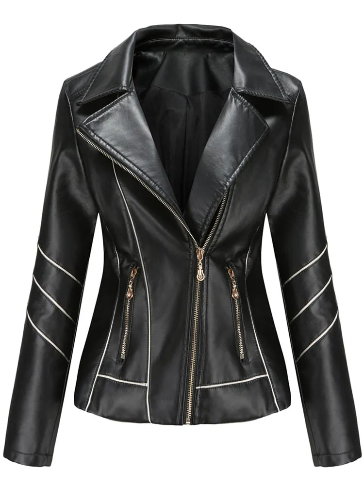 Autumn Women's Full Sleeve Faux Leather Moto Biker Zipper Jacket