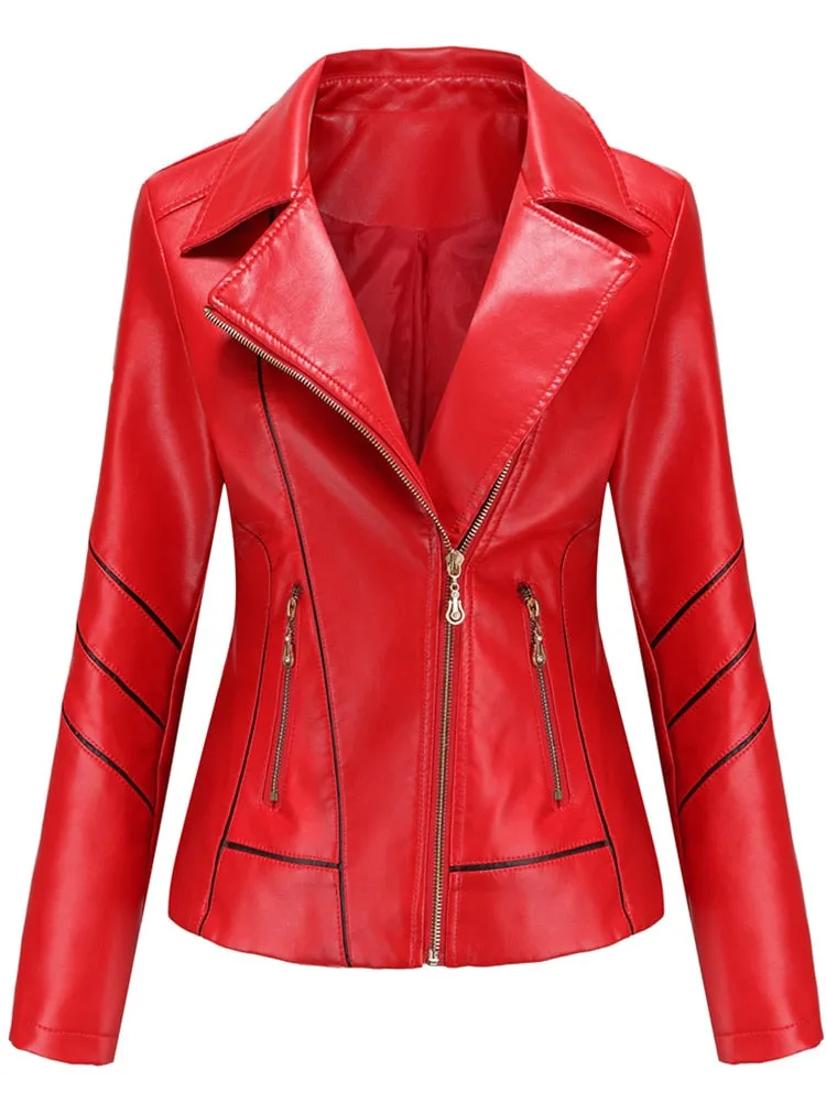 Autumn Women's Full Sleeve Faux Leather Moto Biker Zipper Jacket