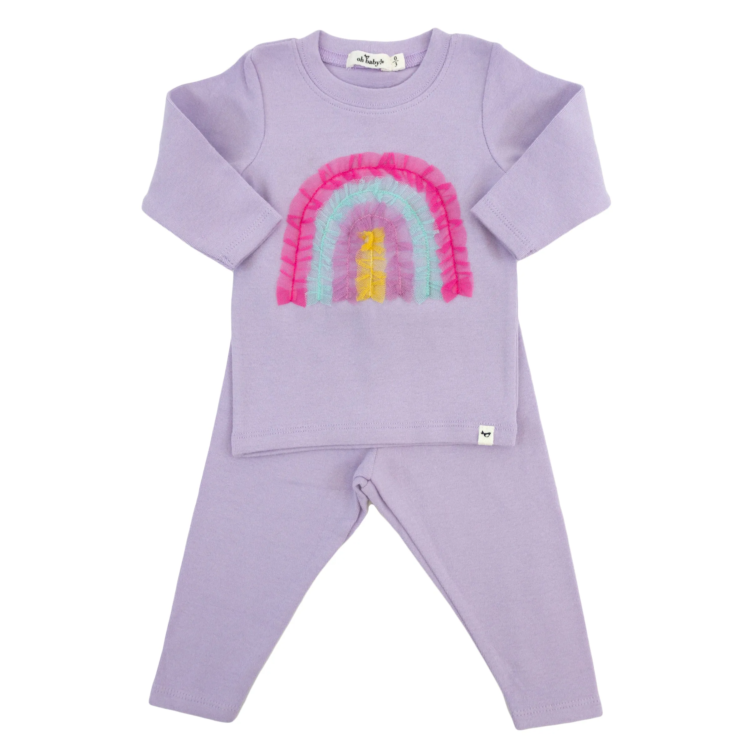 Baby two piece set, bright tulle rainbow applique, orchid color.