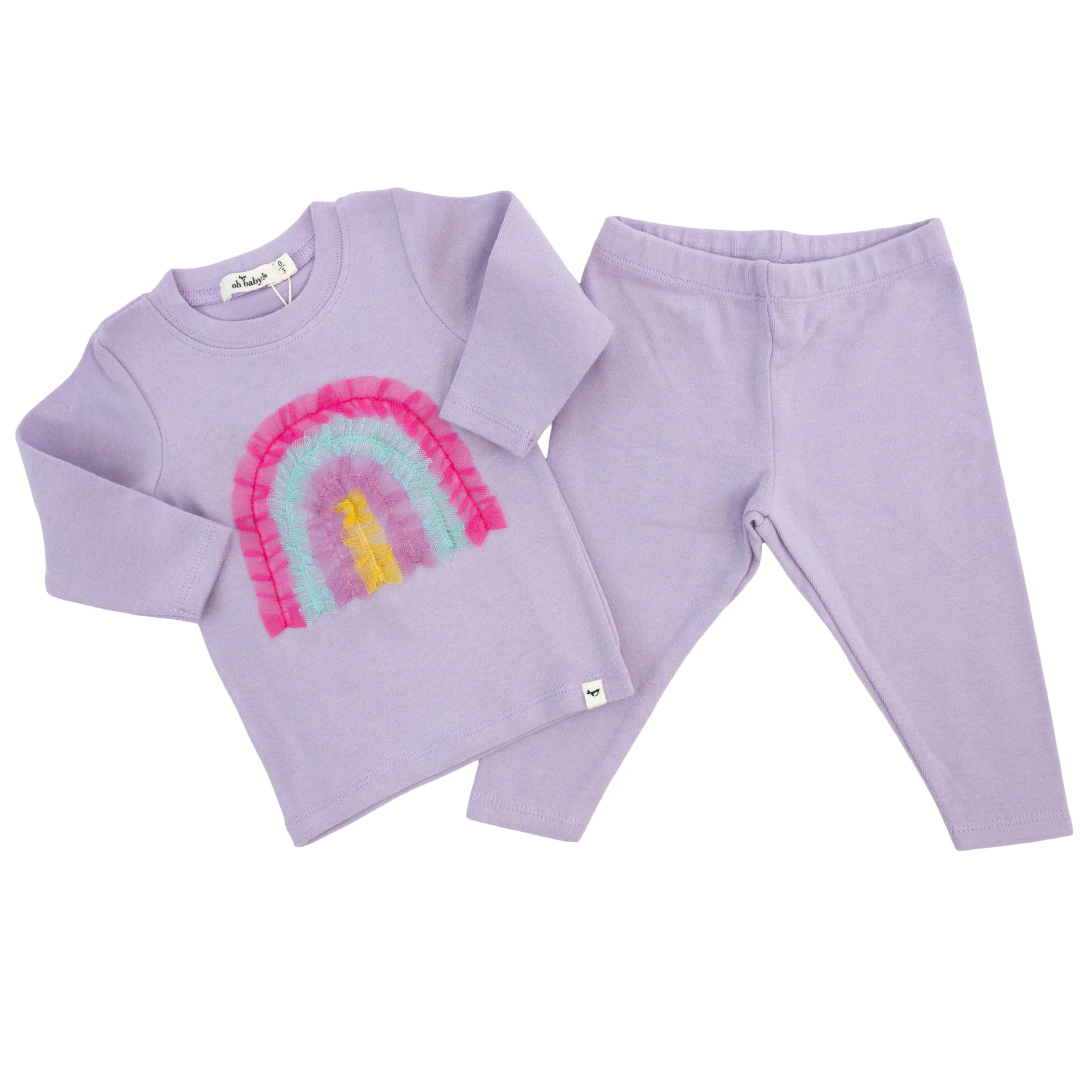 Baby two piece set, bright tulle rainbow applique, orchid color.