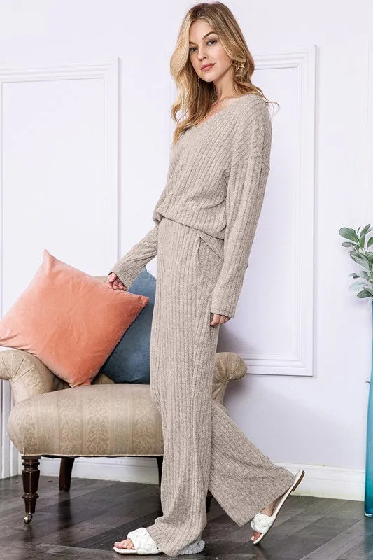 Beige ribbed knit loungewear set