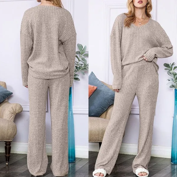 Beige ribbed knit loungewear set