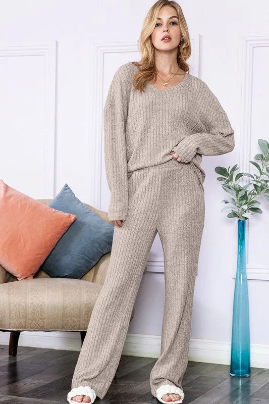 Beige ribbed knit loungewear set