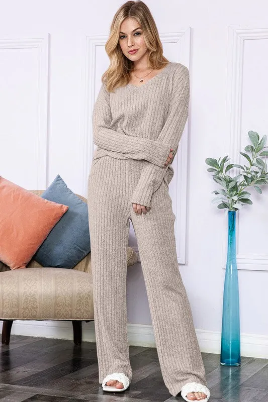 Beige ribbed knit loungewear set