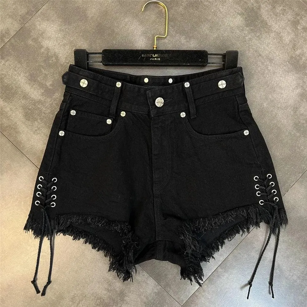 Black Denim Shorts with Fringe Tassel - Trending and Unique Design