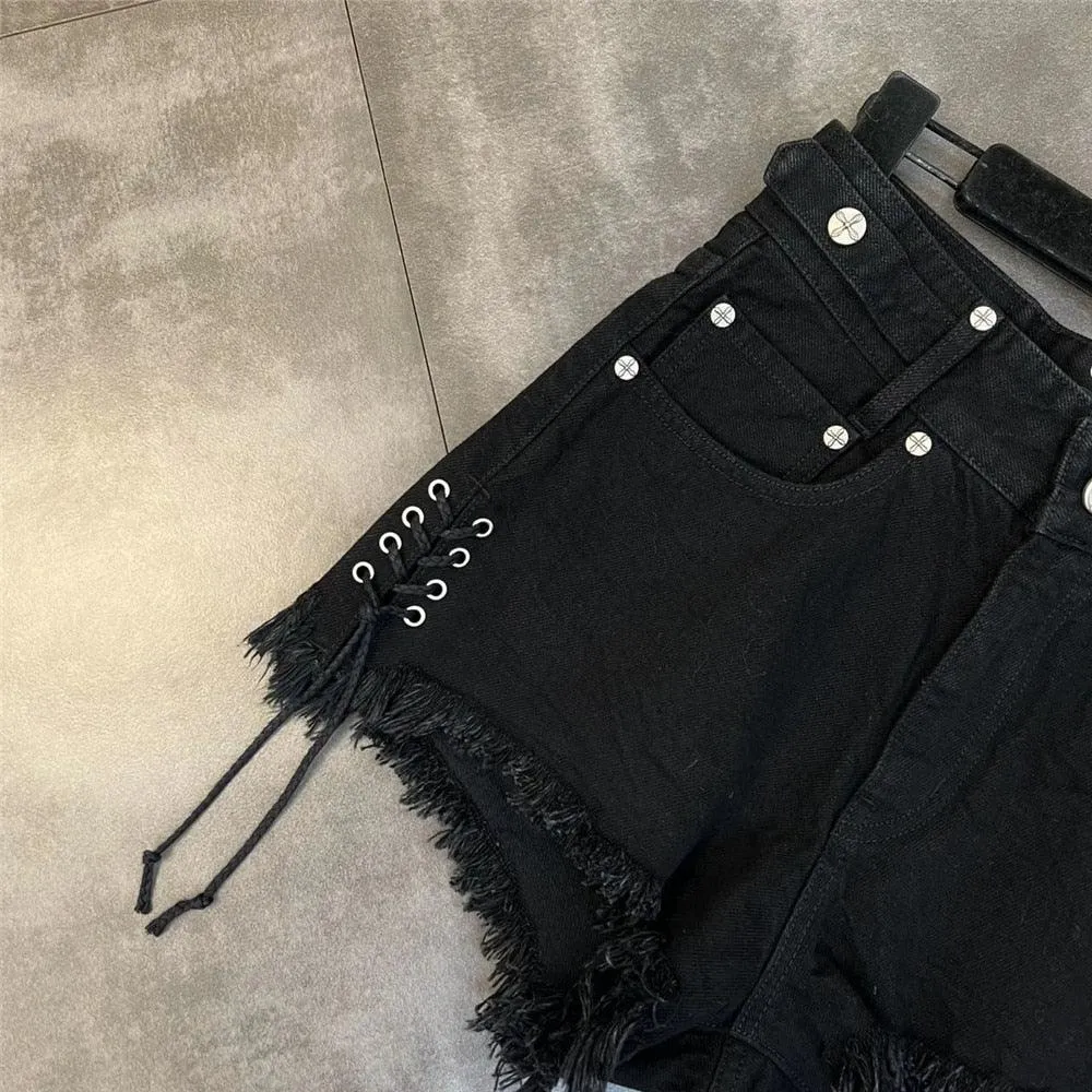 Black Denim Shorts with Fringe Tassel - Trending and Unique Design