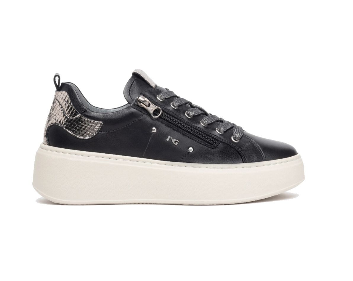 Black leather sneakers NeroGiardini, steel blade accent, zip closure (model I308460D/100).