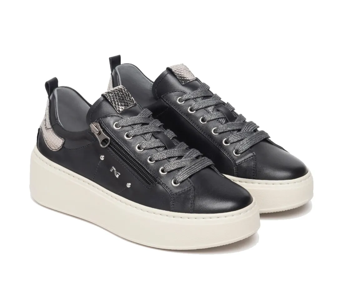 Black leather sneakers NeroGiardini, steel blade accent, zip closure (model I308460D/100).