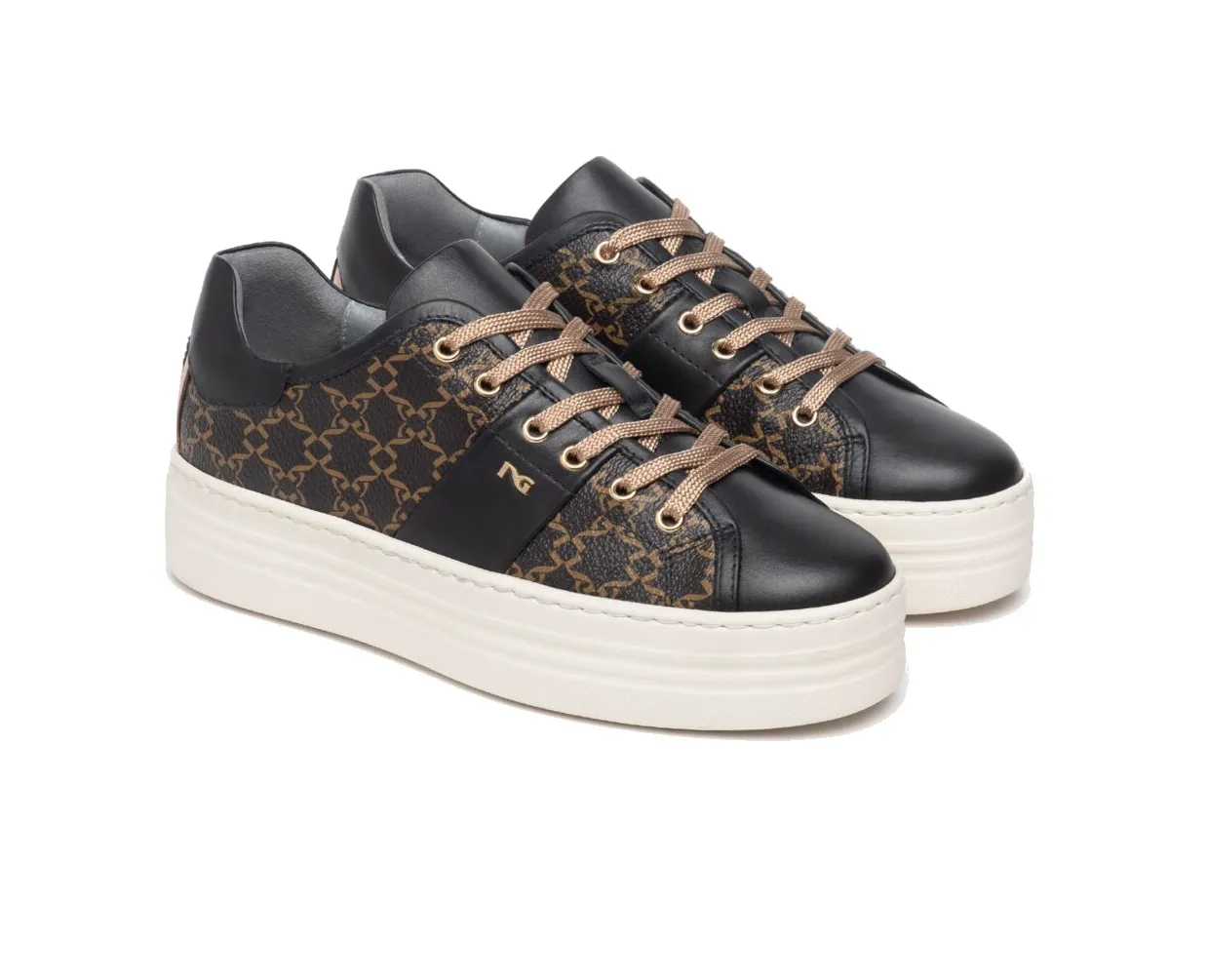 Black leather women's sneakers by NeroGiardini in black/grey/dark brown, code I308421D/100.