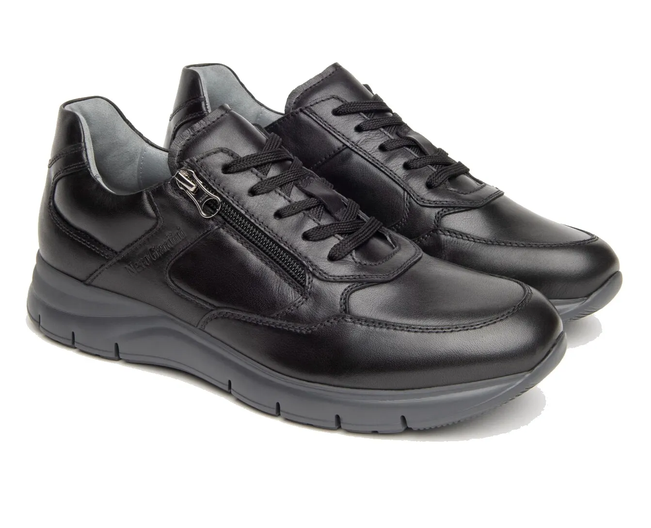 Black Leather Zippered Men's Sneakers - Nerogiardini I102153U/100