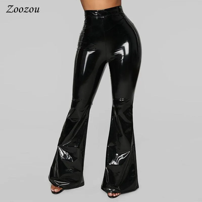 Black PU Patent Leather High-Waisted Flare Pants - Sexy, Slim Fit