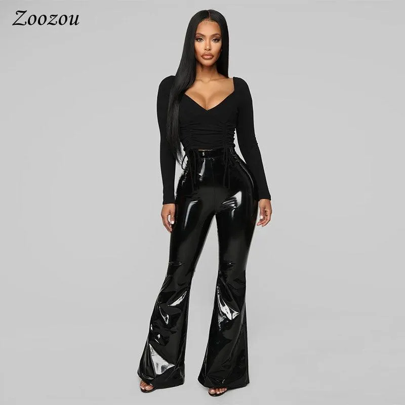 Black PU Patent Leather High-Waisted Flare Pants - Sexy, Slim Fit