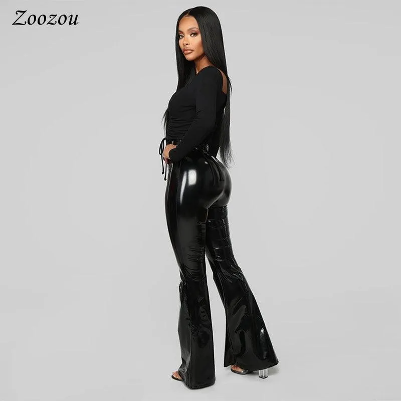 Black PU Patent Leather High-Waisted Flare Pants - Sexy, Slim Fit