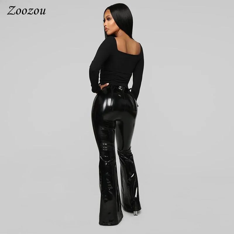 Black PU Patent Leather High-Waisted Flare Pants - Sexy, Slim Fit