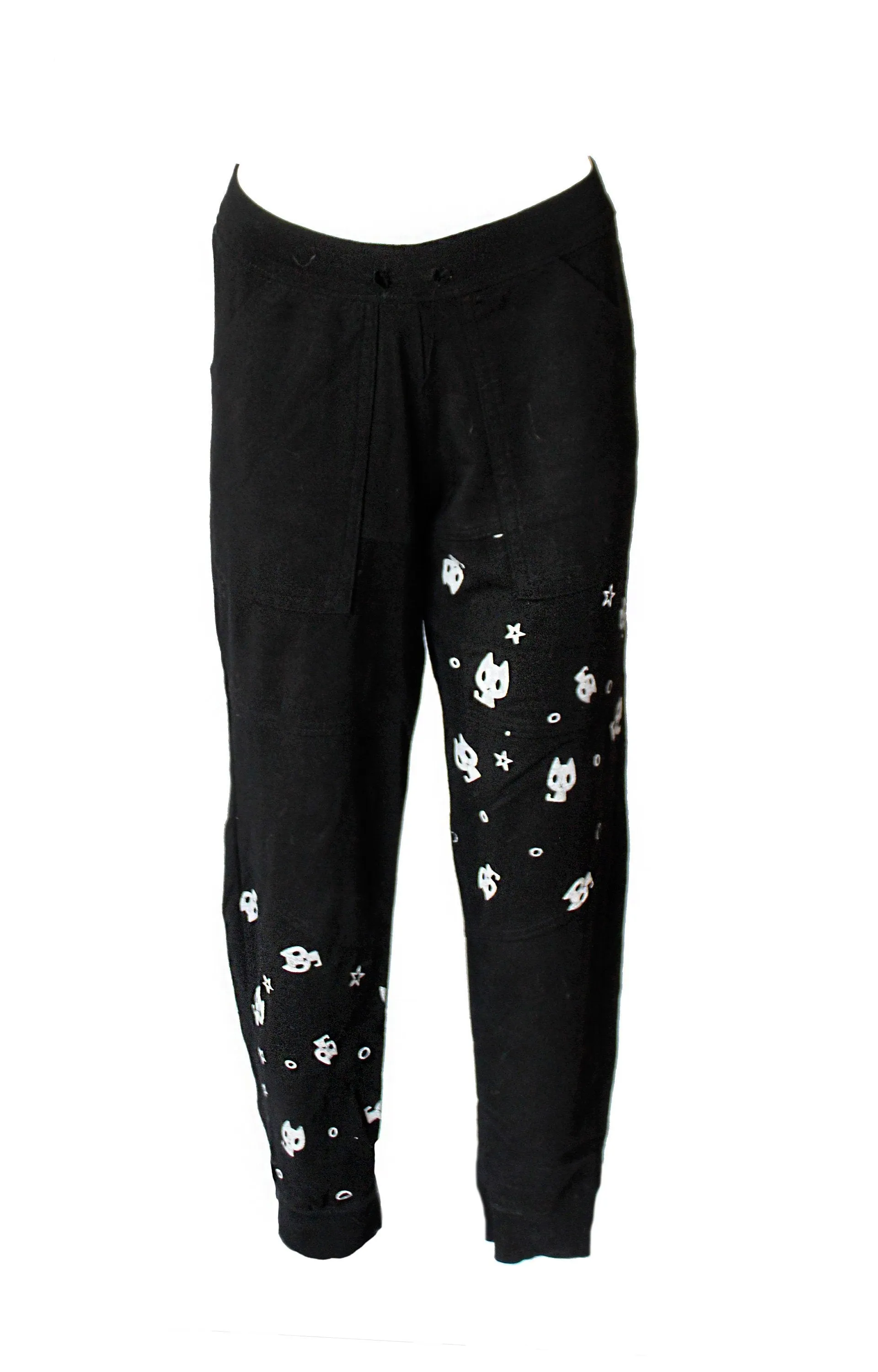 Black relaxed fit joggers with paneled design and unisex X kitty print