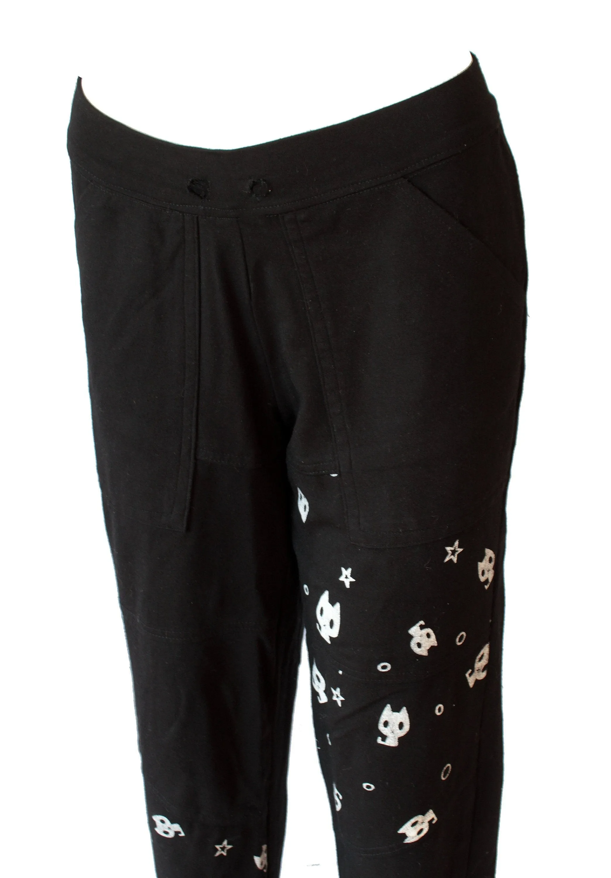 Black relaxed fit joggers with paneled design and unisex X kitty print