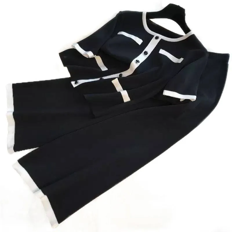 Black Rib Knit Cardigan Short Sleeve Wide Leg Cropped Pants Set