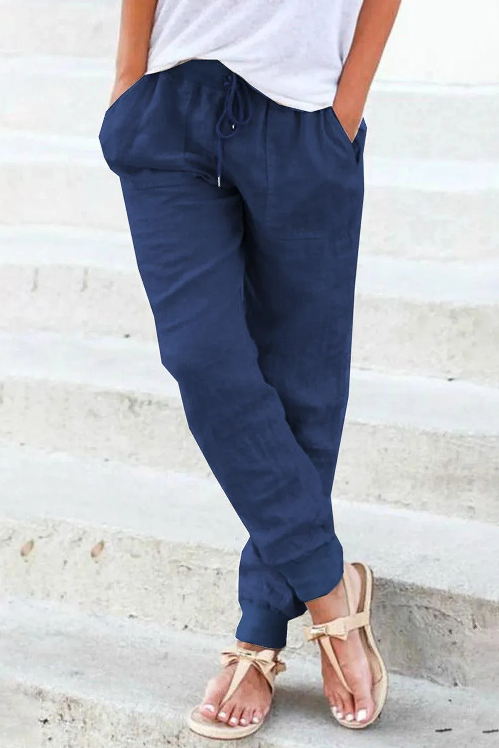 Blue Drawstring Joggers with Pockets.