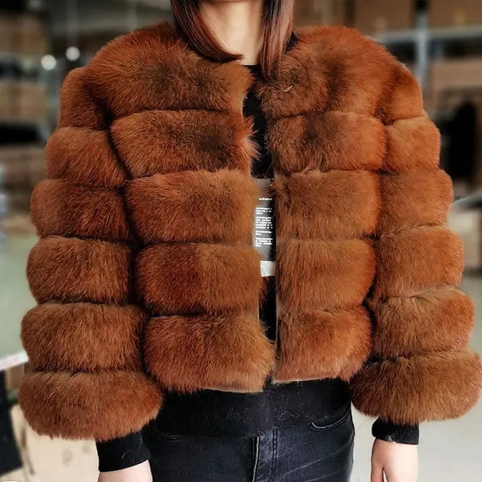 Brown Coffee Luxury Winter High Street Natural Fur Jacket for Women