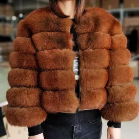 Brown Coffee Luxury Winter High Street Natural Fur Jacket for Women