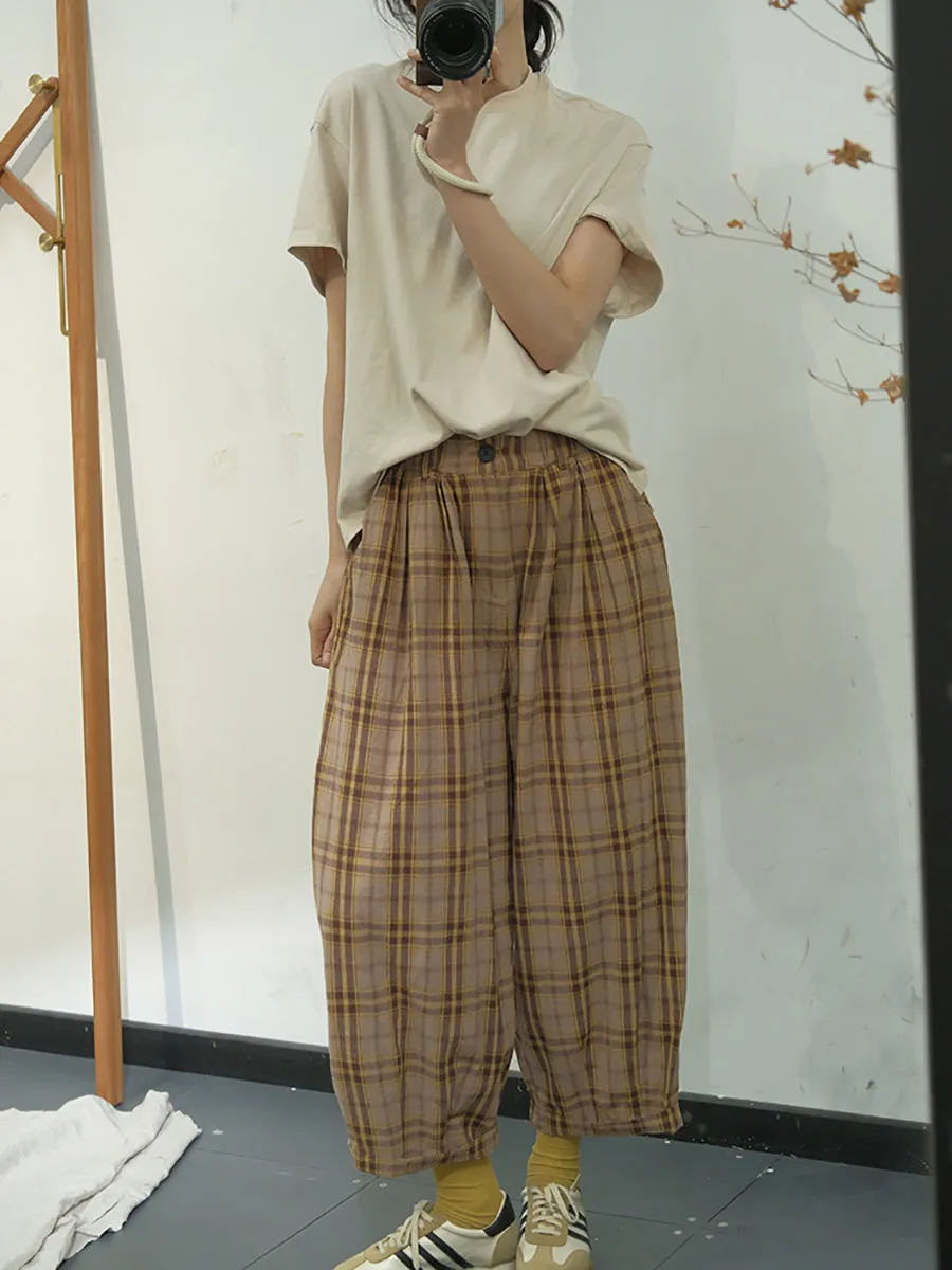 Casual Plaid Cotton Loose Harem Pants for Women KL1049