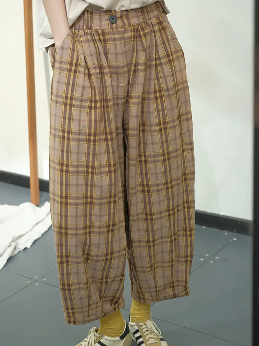 Casual Plaid Cotton Loose Harem Pants for Women KL1049