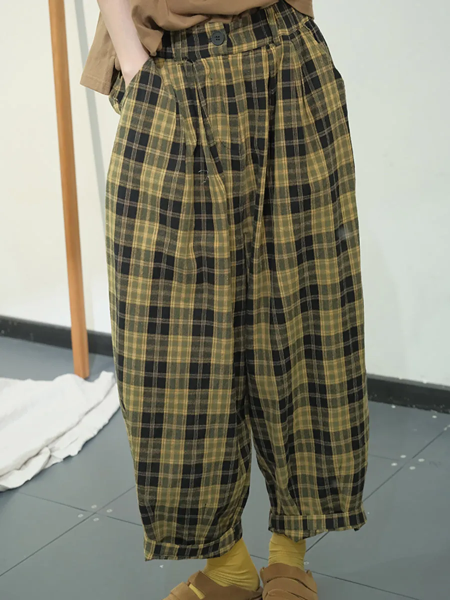 Casual Plaid Cotton Loose Harem Pants for Women KL1049