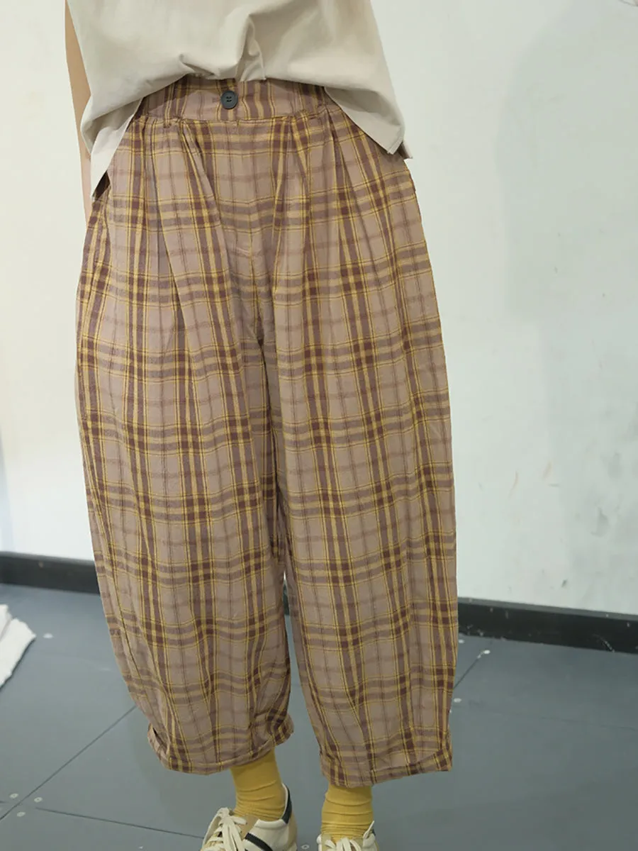 Casual Plaid Cotton Loose Harem Pants for Women KL1049