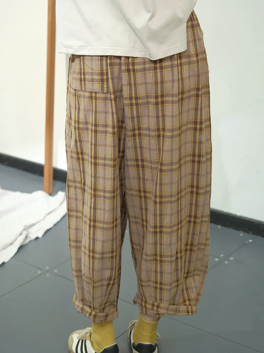 Casual Plaid Cotton Loose Harem Pants for Women KL1049