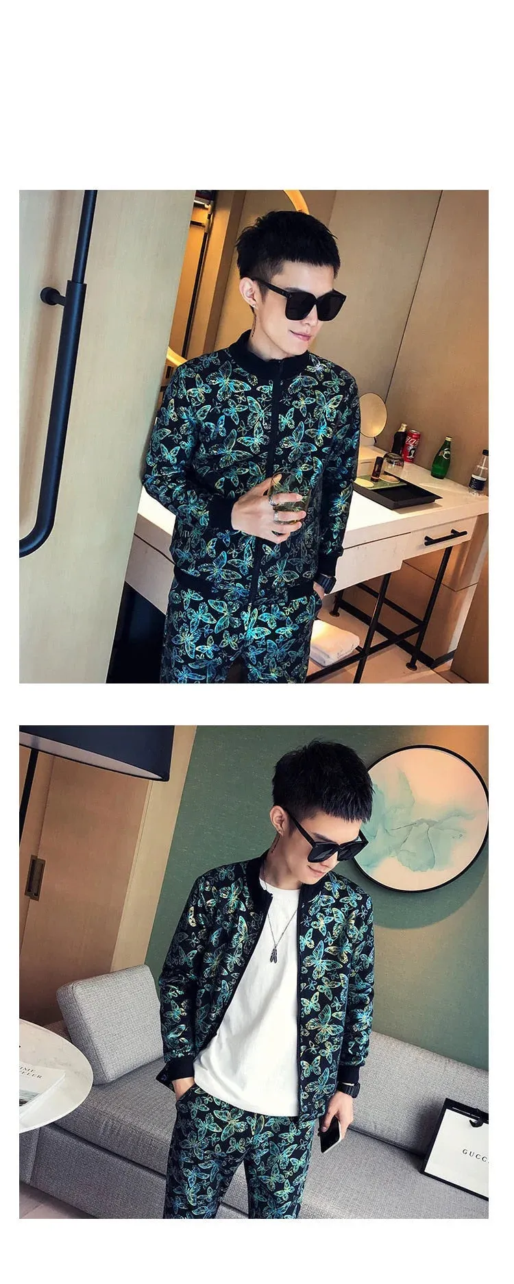 Colorful Printed England Style Jacket Pants Two-Piece Tracksuit for Men