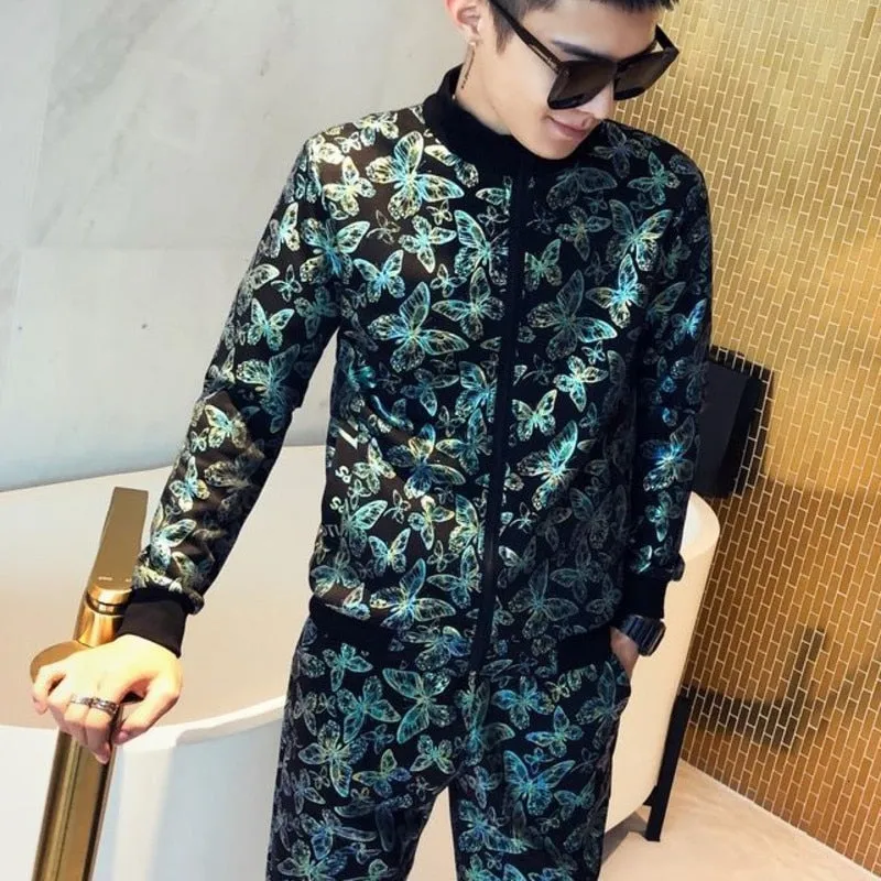 Colorful Printed England Style Jacket Pants Two-Piece Tracksuit for Men