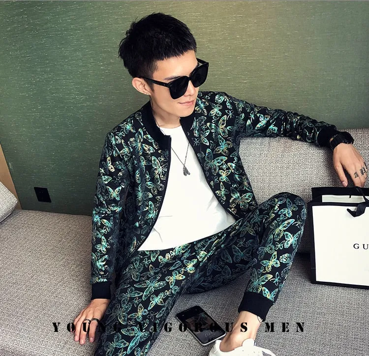 Colorful Printed England Style Jacket Pants Two-Piece Tracksuit for Men