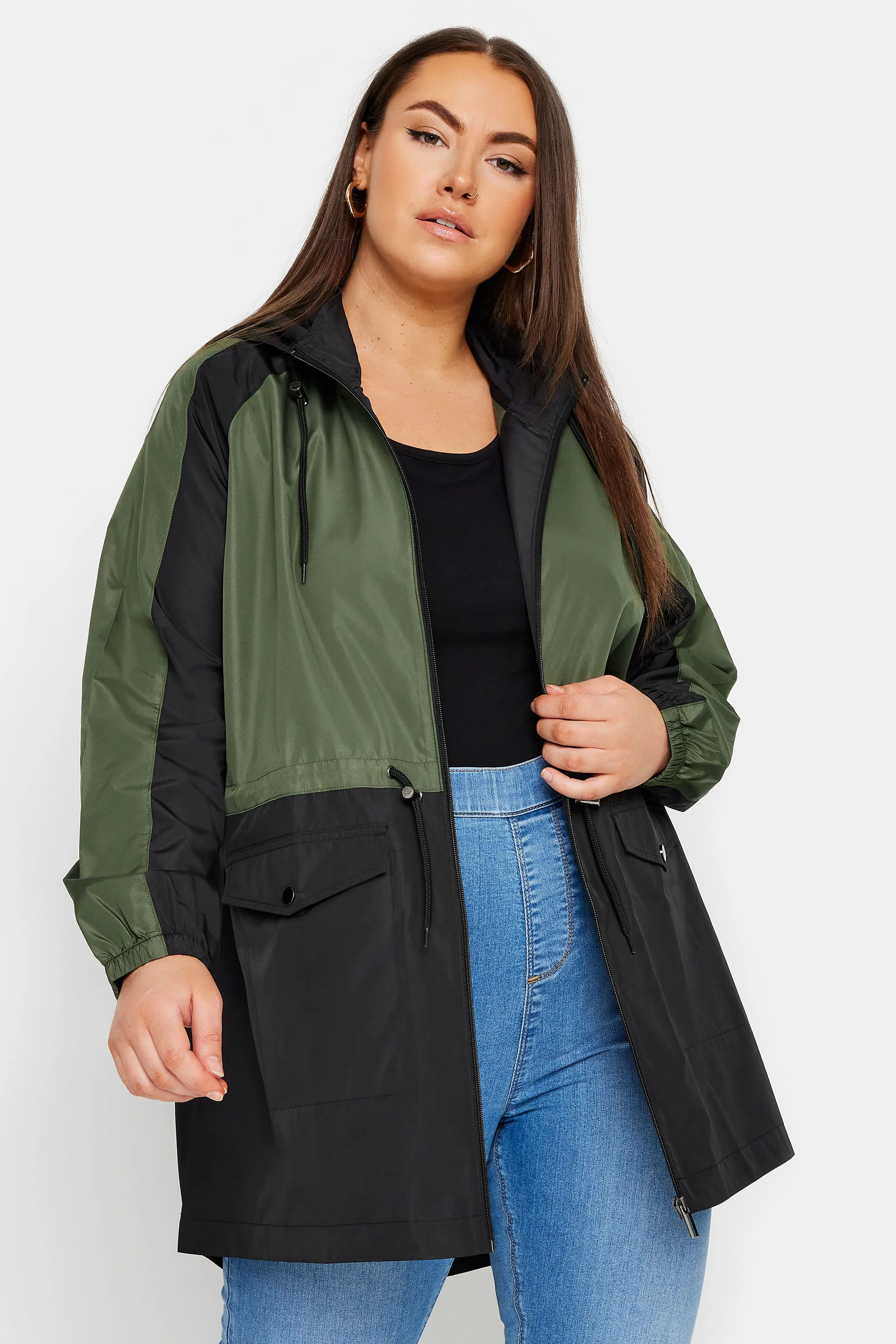 Curve Khaki Green Color Block Drawstring Lightweight Parka Jacket - YOURS