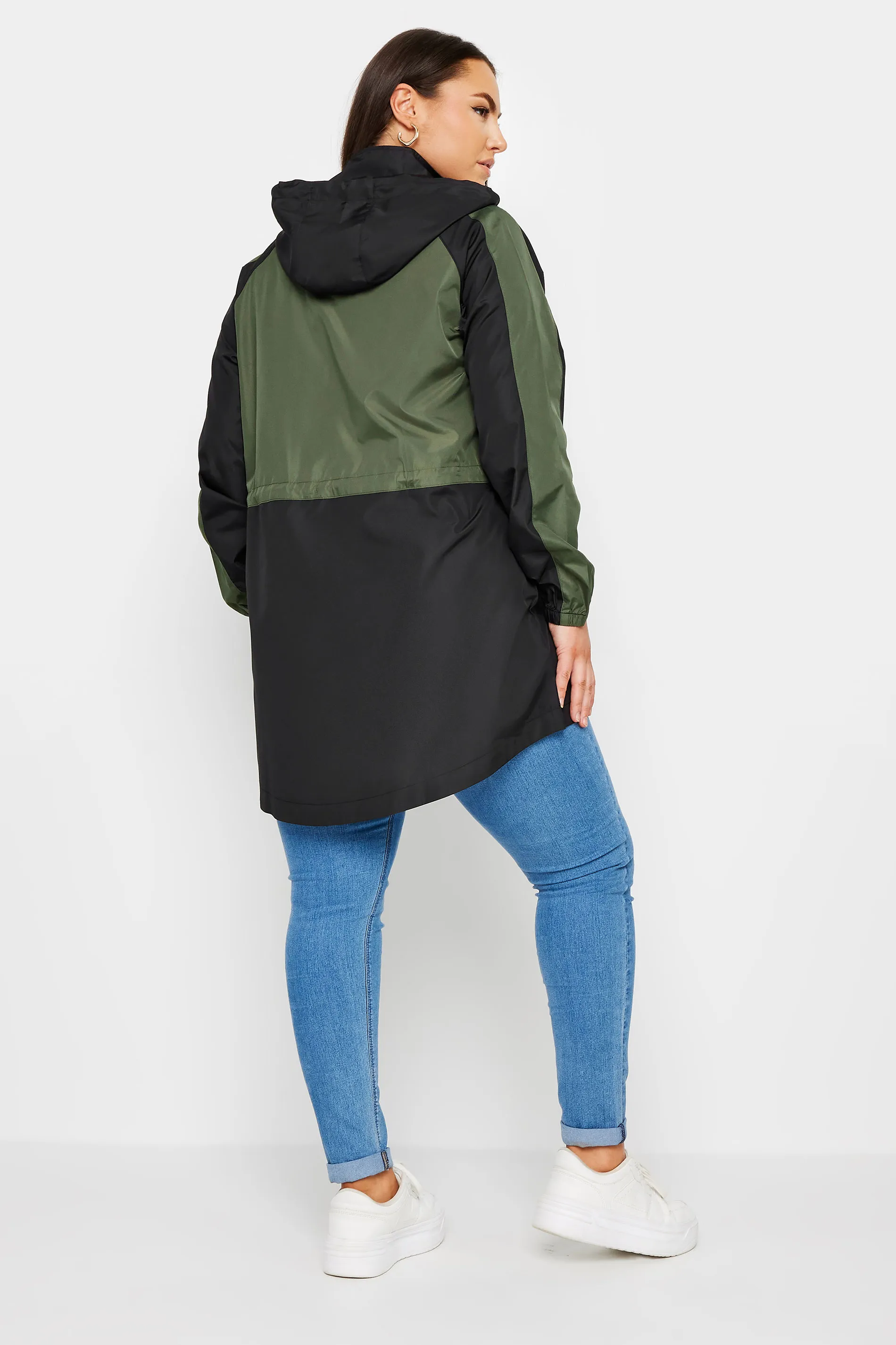 Curve Khaki Green Color Block Drawstring Lightweight Parka Jacket - YOURS