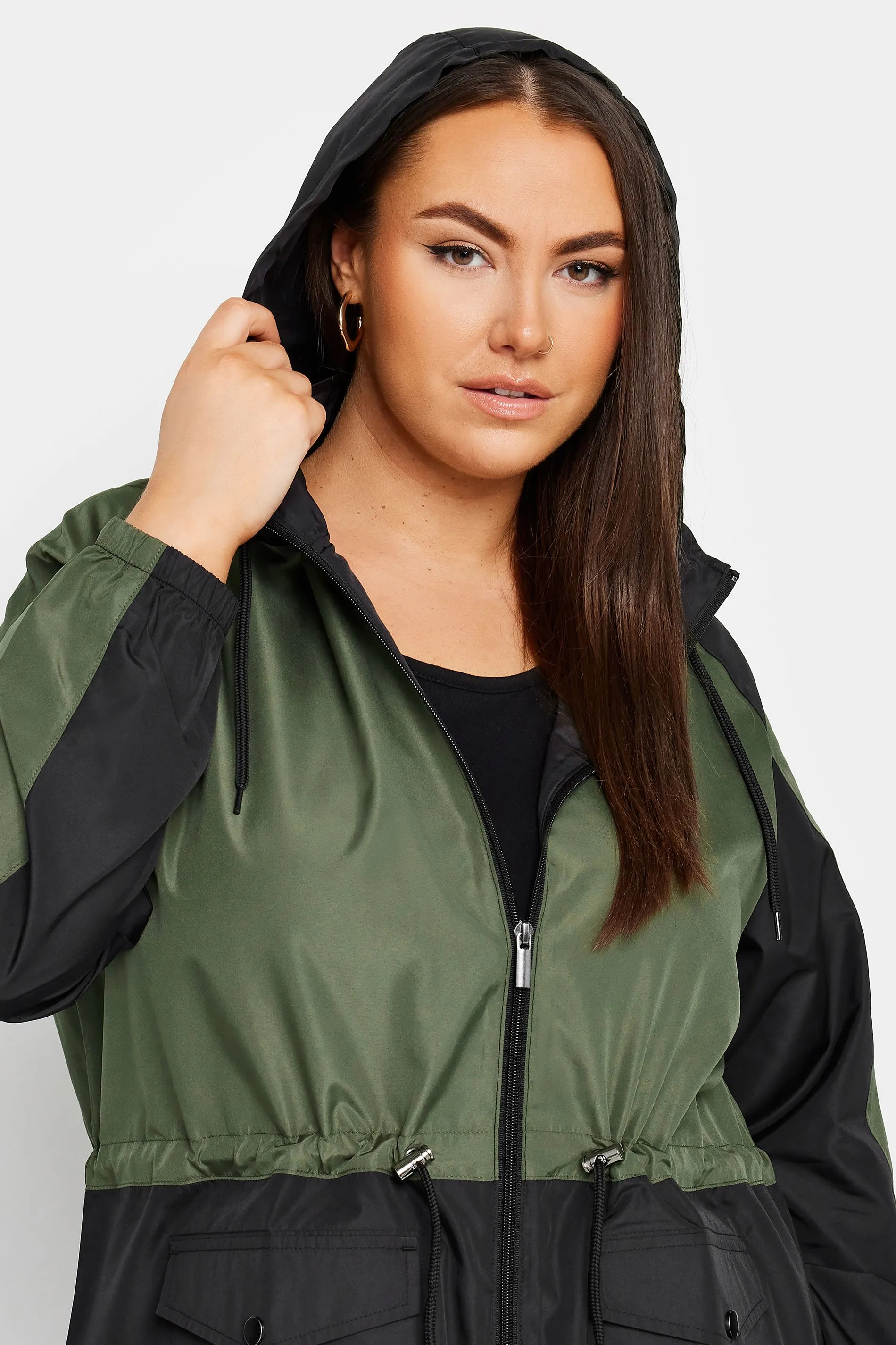 Curve Khaki Green Color Block Drawstring Lightweight Parka Jacket - YOURS