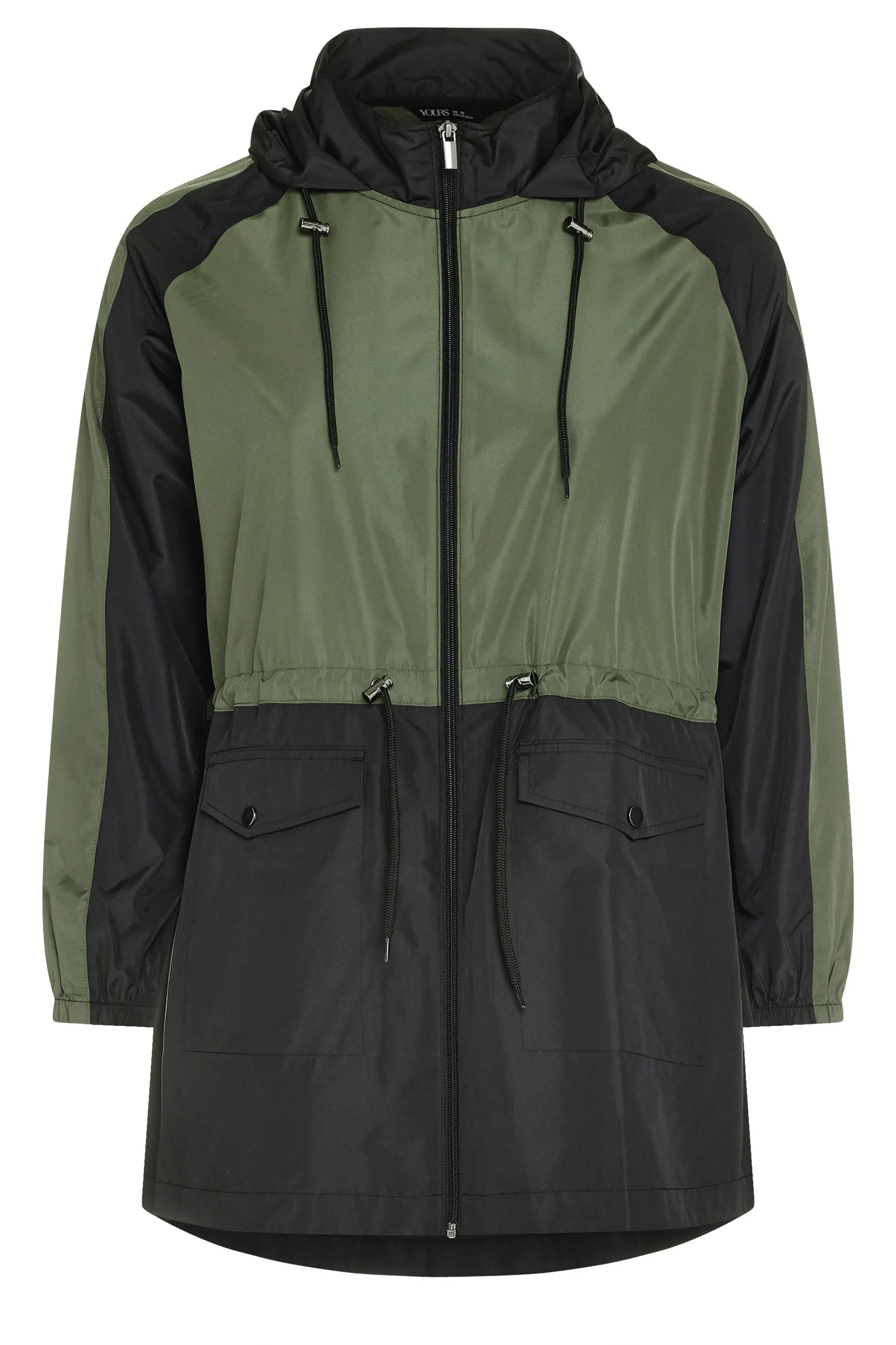 Curve Khaki Green Color Block Drawstring Lightweight Parka Jacket - YOURS