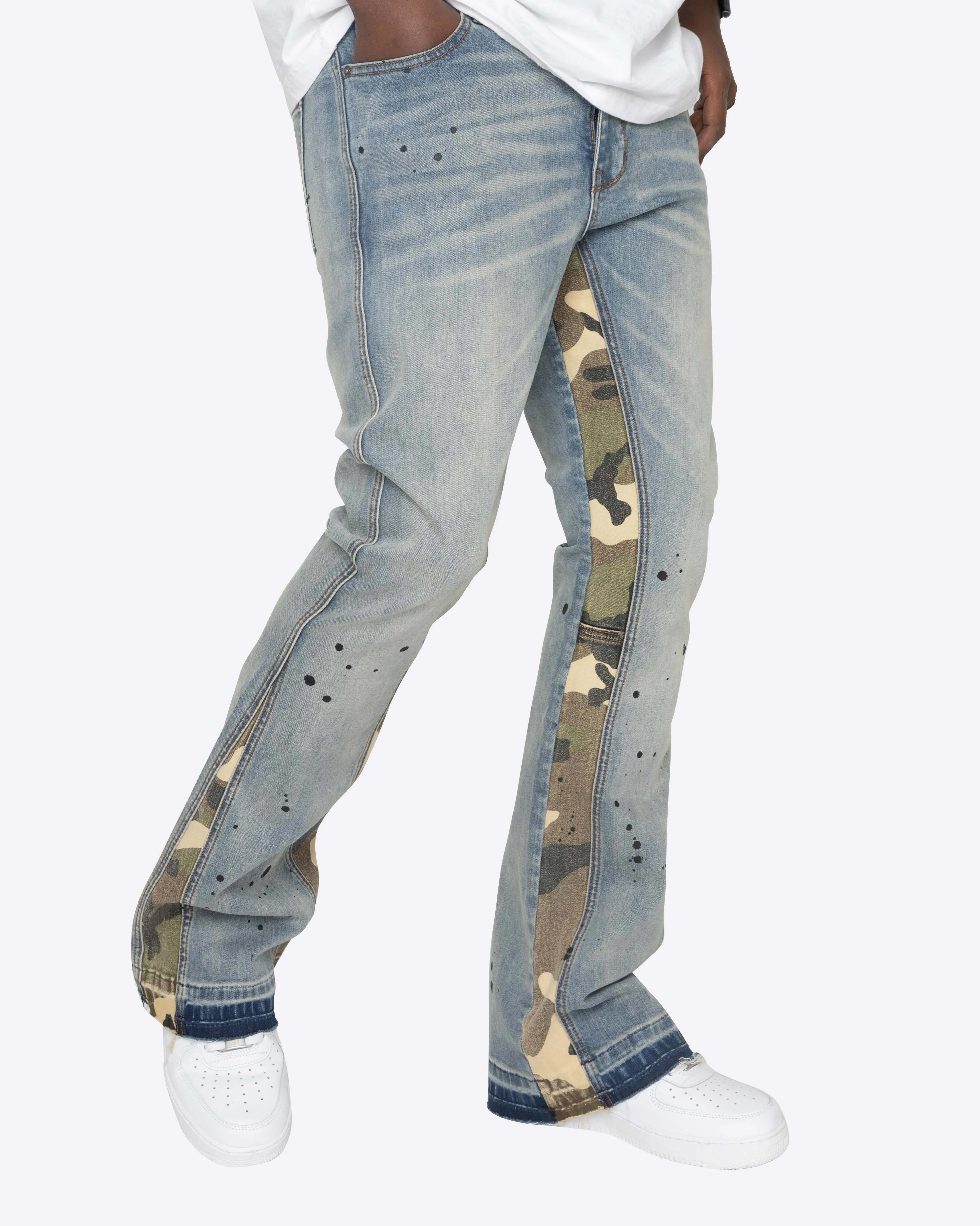 EPTM Denim Blue Flare Pants with Camo Detail