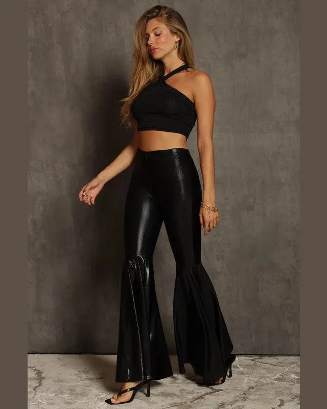 Faux Leather Bell Bottom Pants - Trendy Bell Bottom Pants in Faux Leather