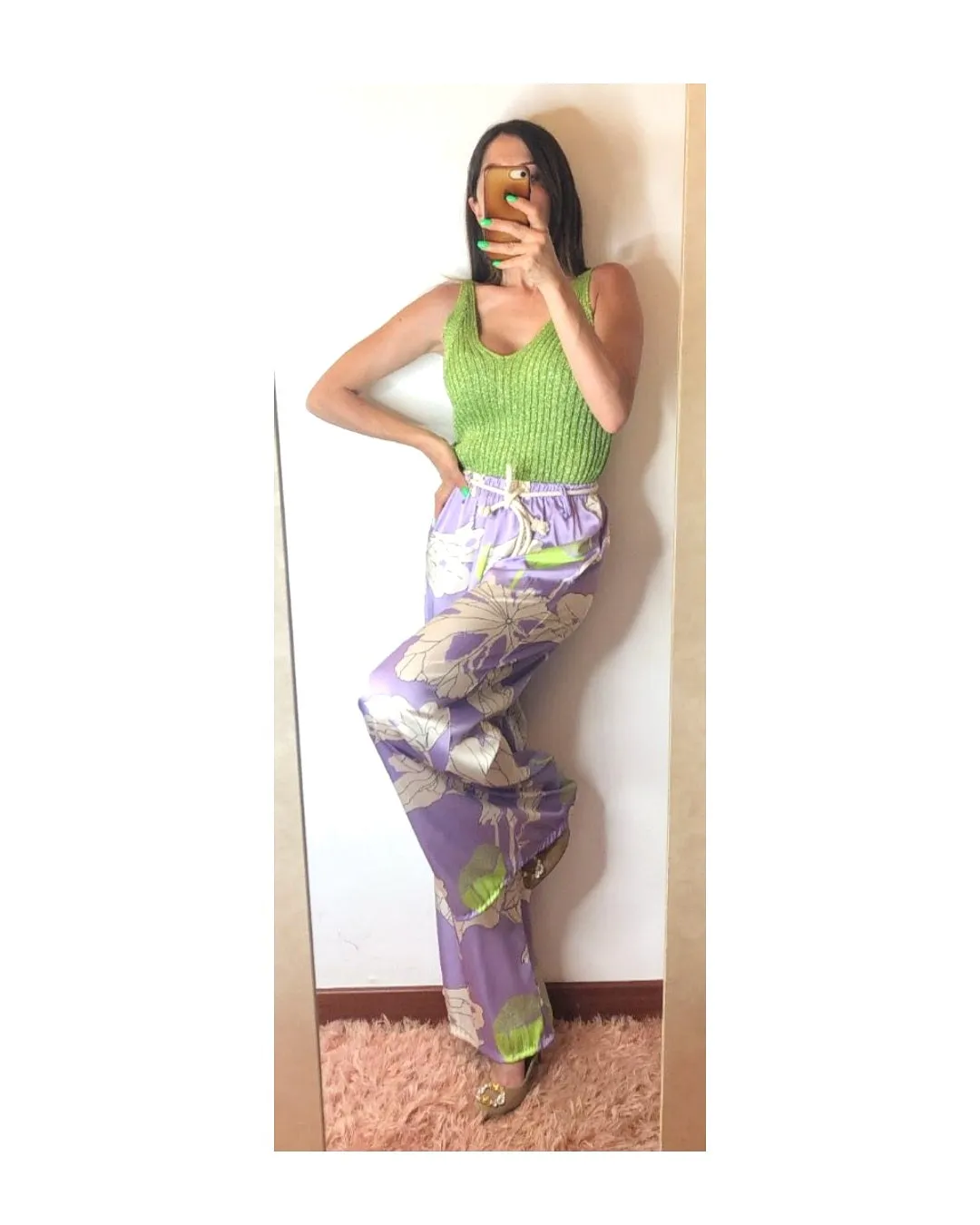 Floral pattern trousers, LIME/LILLA!