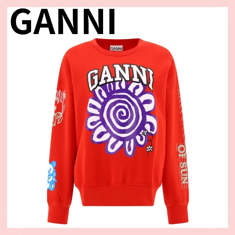 Ganni Crew Neck Long Sleeves Plain Cotton Logo - Unisex