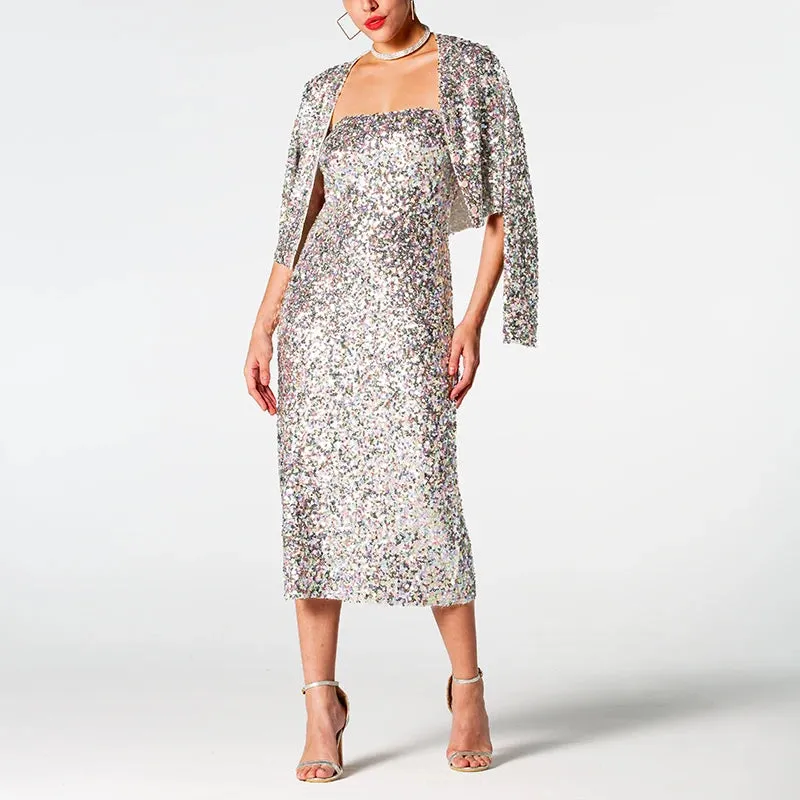 Glitter Sequin Sleeveless Dress Long Sleeve Short Jacket.