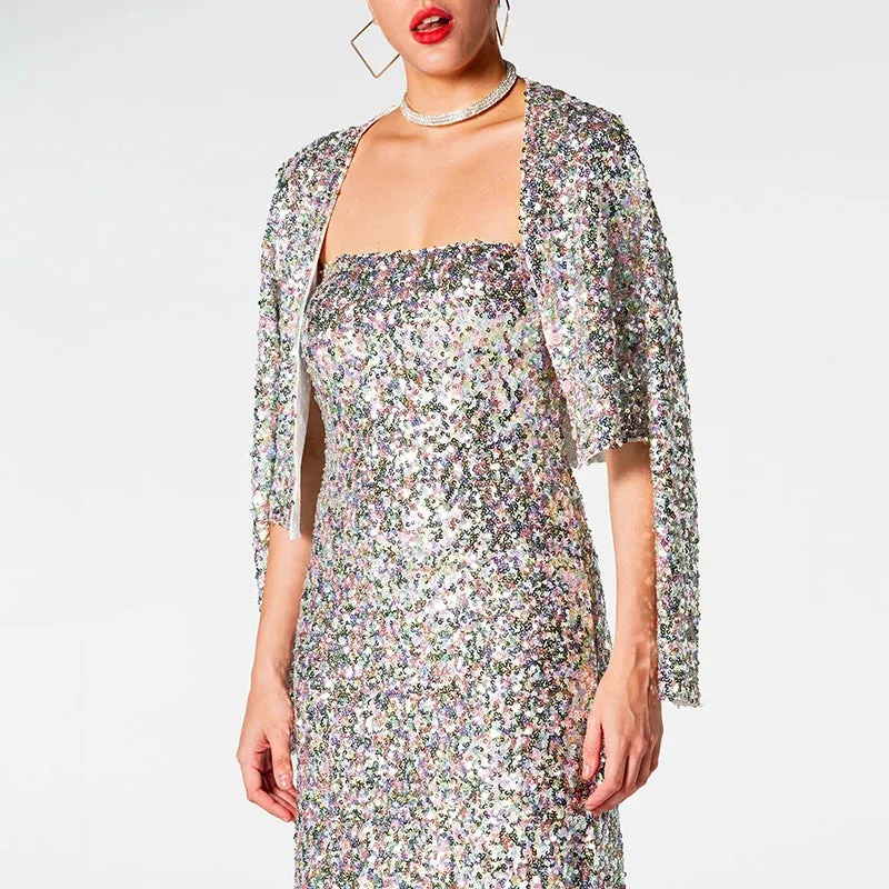 Glitter Sequin Sleeveless Dress Long Sleeve Short Jacket.